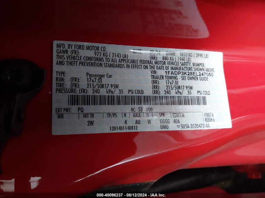 2014 Ford Focus Se VIN: 1FADP3K28EL247050 Lot: 40096237