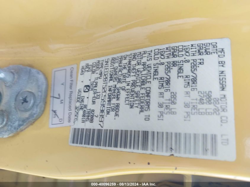 2002 Nissan Xterra Xe VIN: 5N1ED28T52C599897 Lot: 40096259