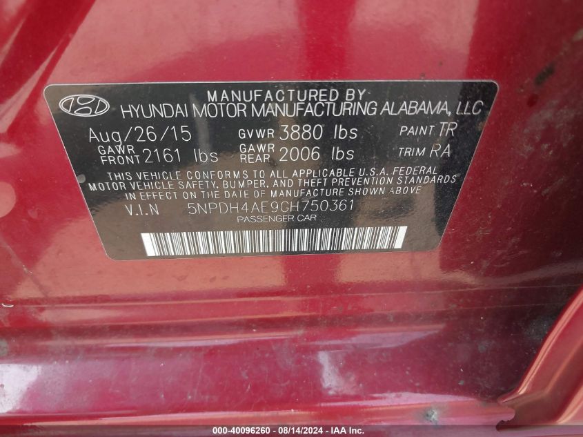 2016 Hyundai Elantra Se VIN: 5NPDH4AE9GH750361 Lot: 40096260