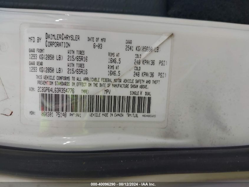 2003 Chrysler Town & Country Limited VIN: 2C8GP64L63R354776 Lot: 40096290