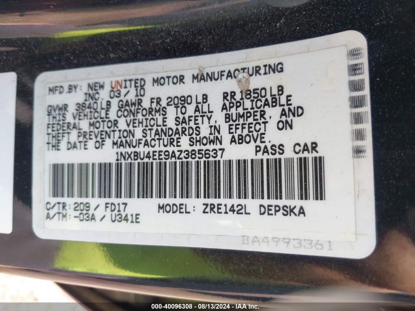 2010 Toyota Corolla S VIN: 1NXBU4EE9AZ385637 Lot: 40096308