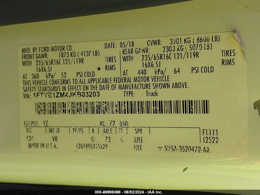 2018 Ford Transit-150 VIN: 1FTYE1ZM4JKB03203 Lot: 40096309