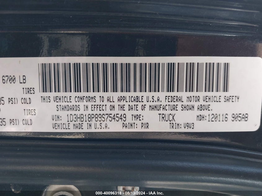 2009 Dodge Ram 1500 Slt/Sport/Trx VIN: 1D3HB18P89S754549 Lot: 40096318