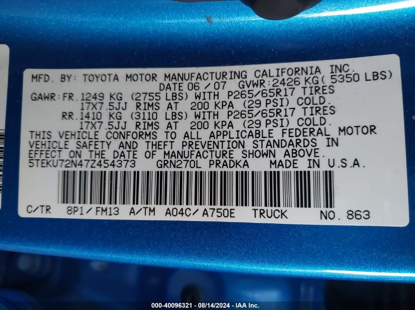 2007 Toyota Tacoma Prerunner V6 VIN: 5TEKU72N47Z454373 Lot: 40096321