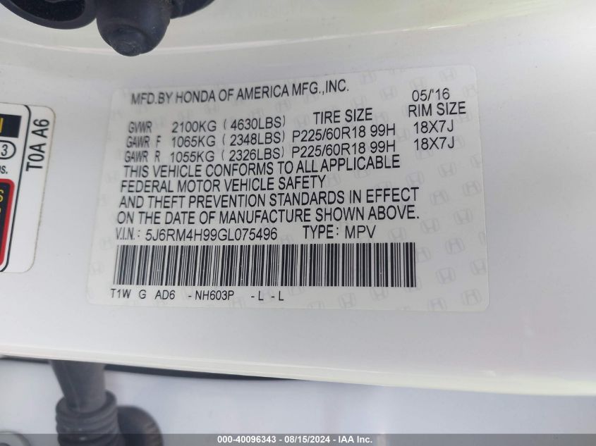 2016 Honda Cr-V Touring VIN: 5J6RM4H99GL075496 Lot: 40096343