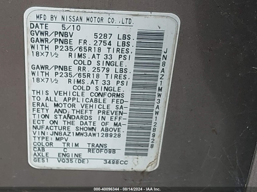 2010 Nissan Murano Sl VIN: JN8AZ1MW3AW128928 Lot: 40096344