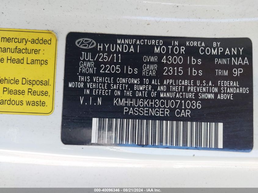 2012 Hyundai Genesis 3.8 Track VIN: KMHHU6KH3CU071036 Lot: 40096346