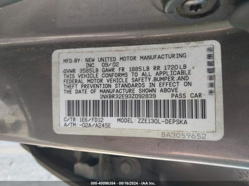 2003 Toyota Corolla S VIN: 1NXBR32E93Z092839 Lot: 40096354