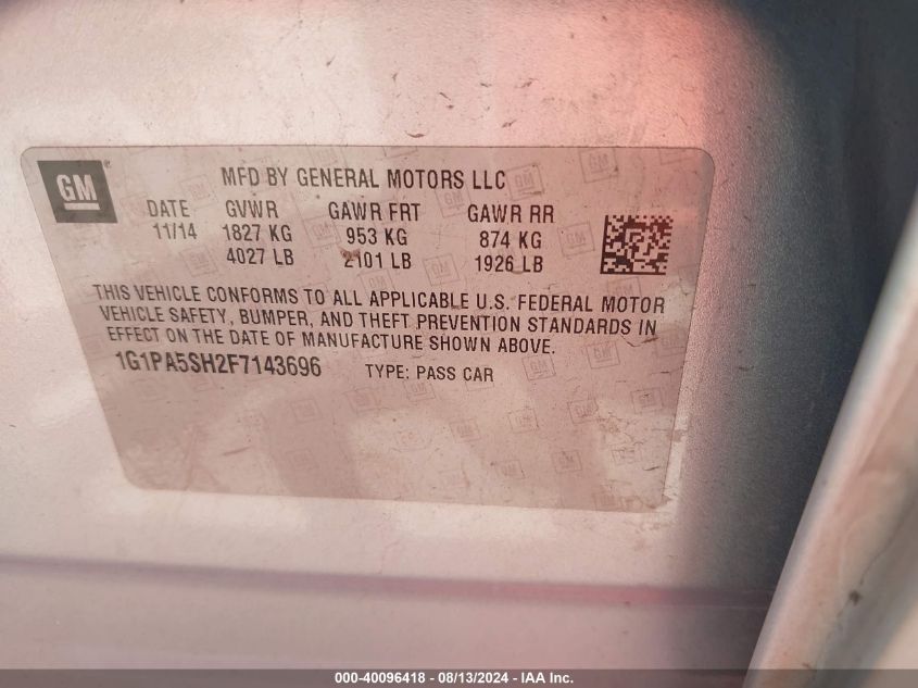 2015 Chevrolet Cruze Ls Auto VIN: 1G1PA5SH2F7143696 Lot: 40096418