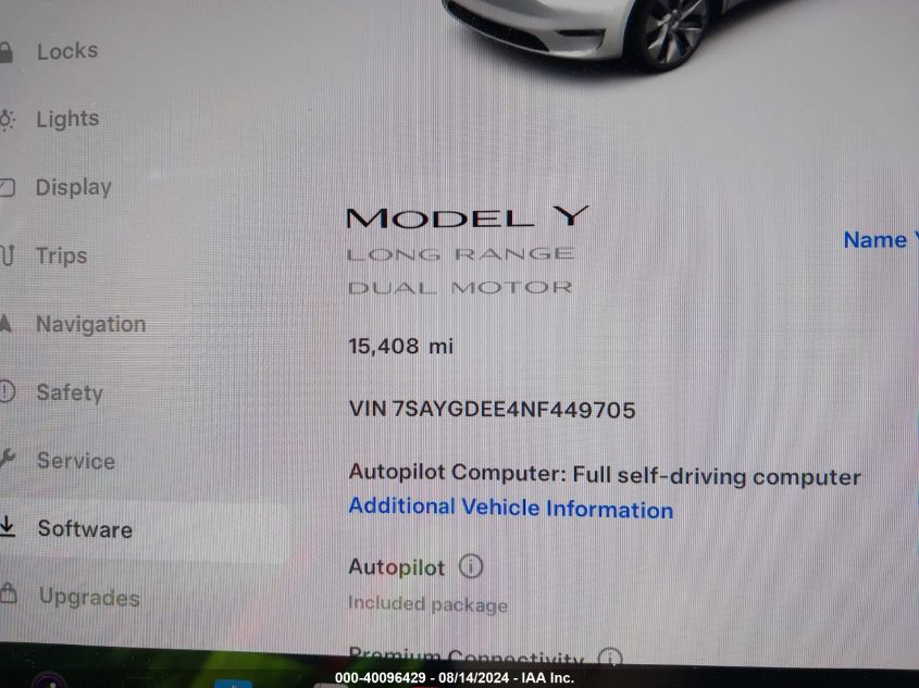 2022 Tesla Model Y Long Range Dual Motor All-Wheel Drive VIN: 7SAYGDEE4NF449705 Lot: 40096429