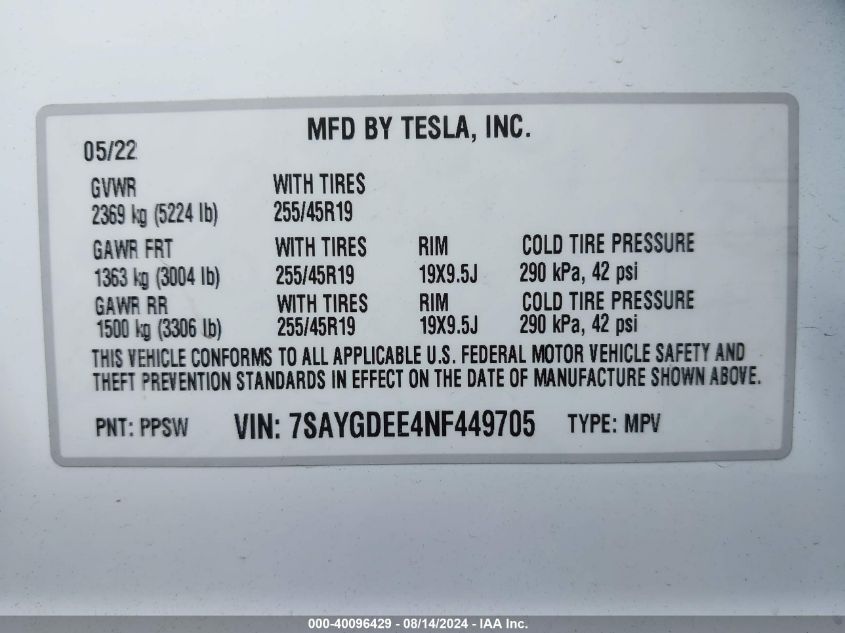 2022 Tesla Model Y Long Range Dual Motor All-Wheel Drive VIN: 7SAYGDEE4NF449705 Lot: 40096429