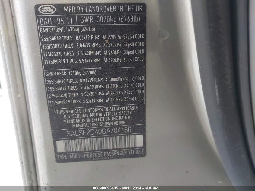 2011 Land Rover Range Rover Sport Hse VIN: SALSF2D40BA704186 Lot: 40096435