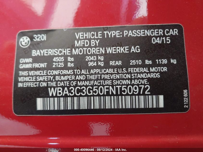 2015 BMW 320I xDrive VIN: WBA3C3G50FNT50972 Lot: 40096446