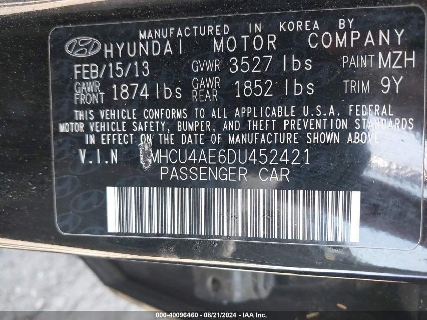 2013 Hyundai Accent Gls/Se VIN: KMHCU4AE6DU452421 Lot: 40096460
