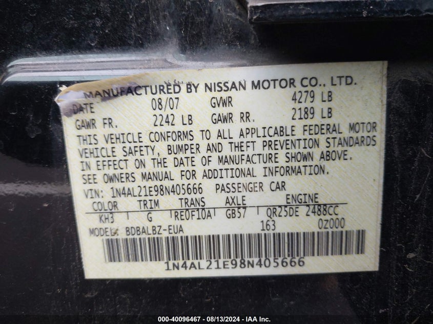 2008 Nissan Altima 2.5 S VIN: 1N4AL21E98N405666 Lot: 40096467
