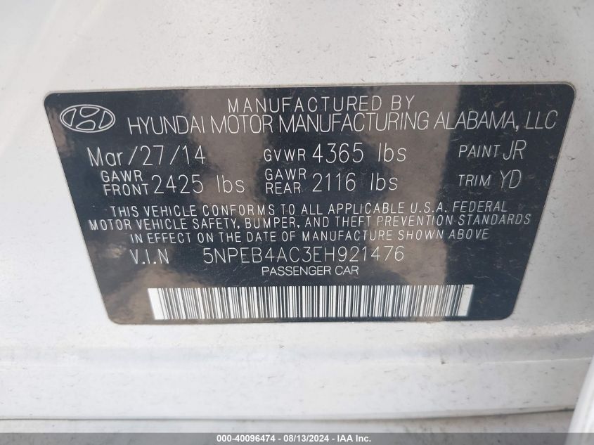 2014 Hyundai Sonata Gls VIN: 5NPEB4AC3EH921476 Lot: 40096474