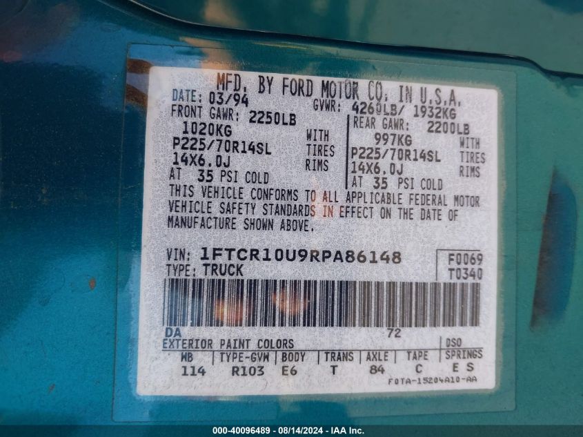 1994 Ford Ranger VIN: 1FTCR10U9RPA86148 Lot: 40096489
