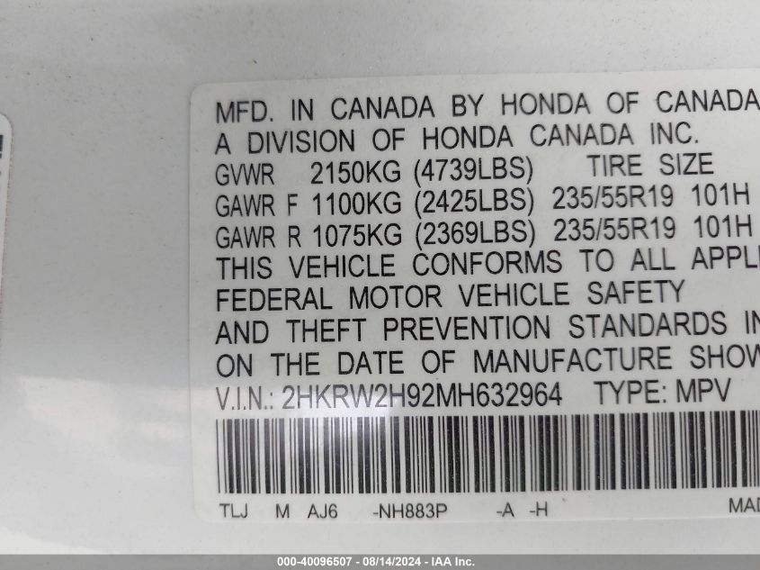 2021 Honda Cr-V Awd Touring VIN: 2HKRW2H92MH632964 Lot: 40096507