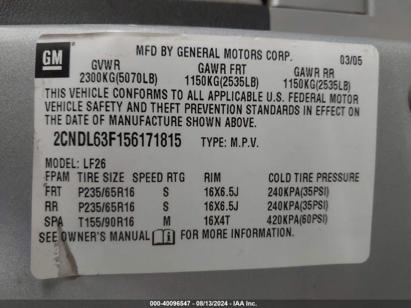 2005 Chevrolet Equinox Lt VIN: 2CNDL63F156171815 Lot: 40096547
