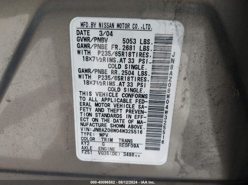 2004 Nissan Murano Sl VIN: JN8AZ08W04W325516 Lot: 40096582