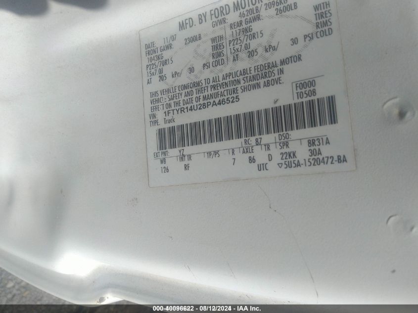 2008 Ford Ranger VIN: 1FTYR14U28PA46525 Lot: 40096622