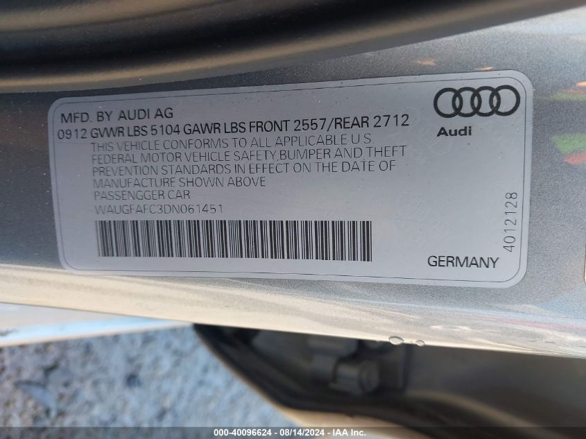 2013 Audi A6 2.0T Premium VIN: WAUGFAFC3DN061451 Lot: 40096624