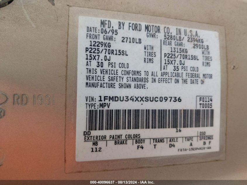 1995 Ford Explorer VIN: 1FMDU34XXSUC09736 Lot: 40096637