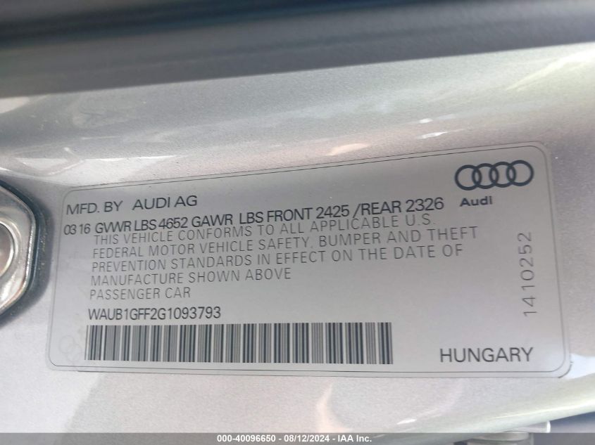 WAUB1GFF2G1093793 2016 Audi S3 2.0T Premium Plus