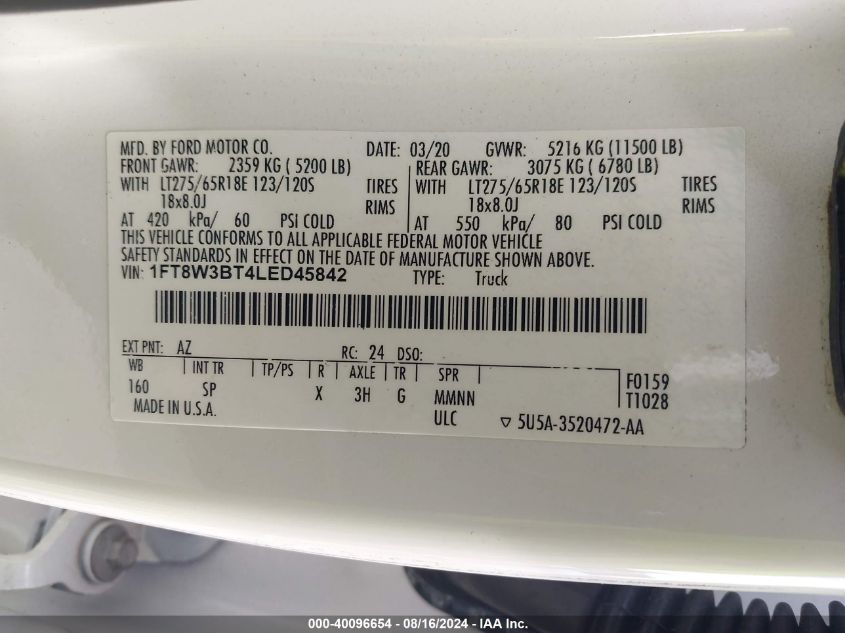 2020 Ford F-350 King Ranch VIN: 1FT8W3BT4LED45842 Lot: 40096654