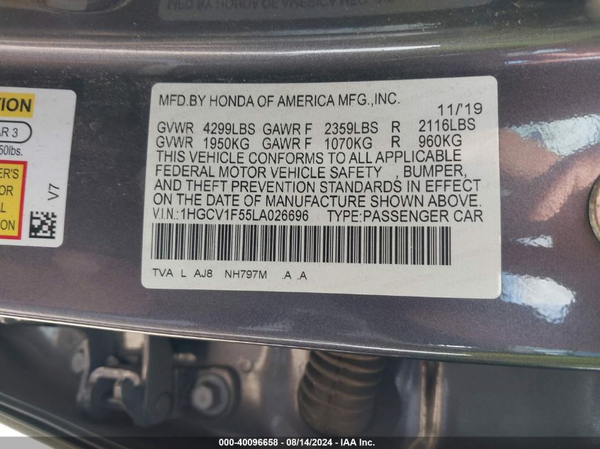 1HGCV1F55LA026696 2020 Honda Accord Ex-L