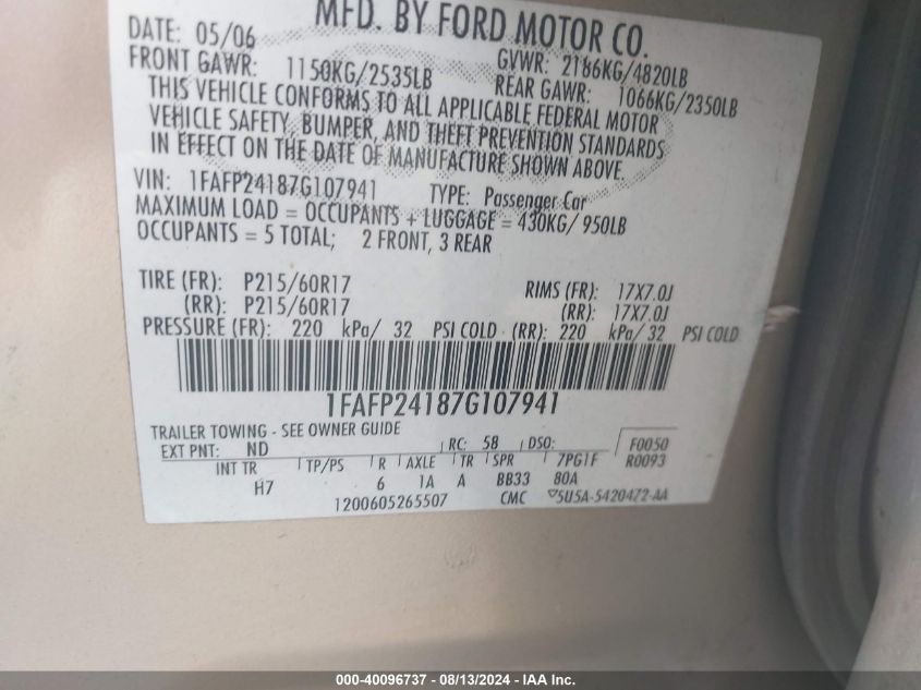 1FAFP24187G107941 2007 Ford Five Hundred Sel