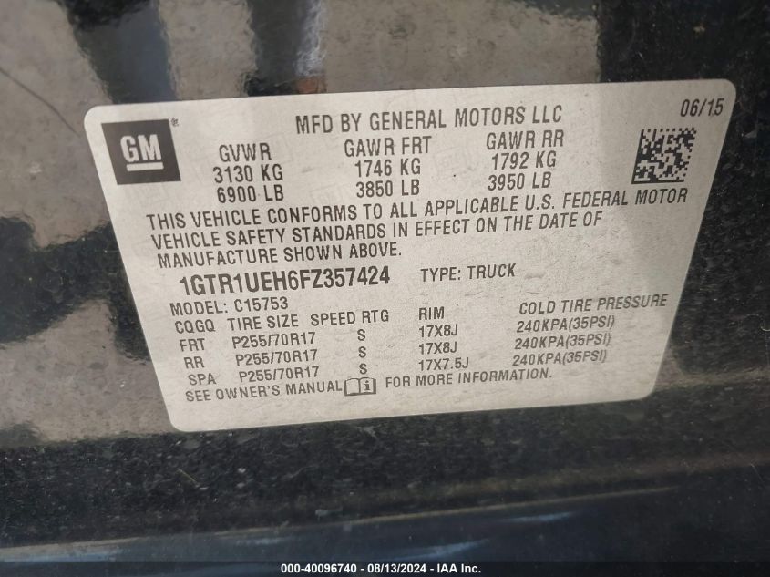 1GTR1UEH6FZ357424 2015 GMC Sierra 1500 Sle