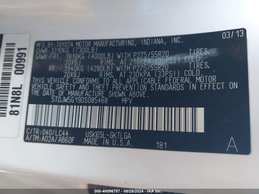 2013 TOYOTA SEQUOIA LIMITED - 5TDJW5G19DS085468