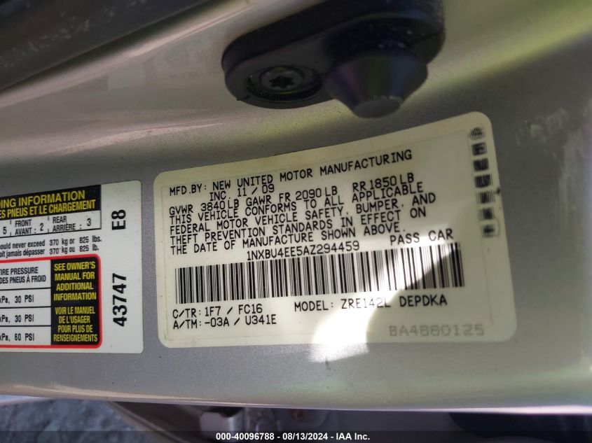 2010 Toyota Corolla S/Le/Xle VIN: 1NXBU4EE5AZ294459 Lot: 40096788