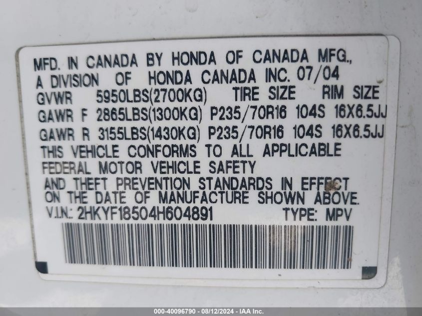 2004 Honda Pilot Ex-L VIN: 2HKYF18504H604891 Lot: 40096790