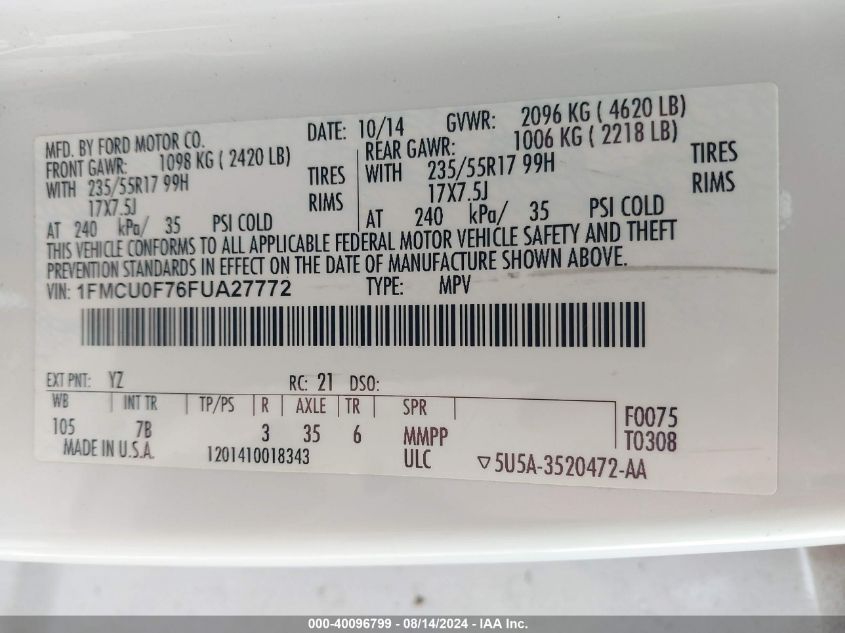 2015 Ford Escape S VIN: 1FMCU0F76FUA27772 Lot: 40096799