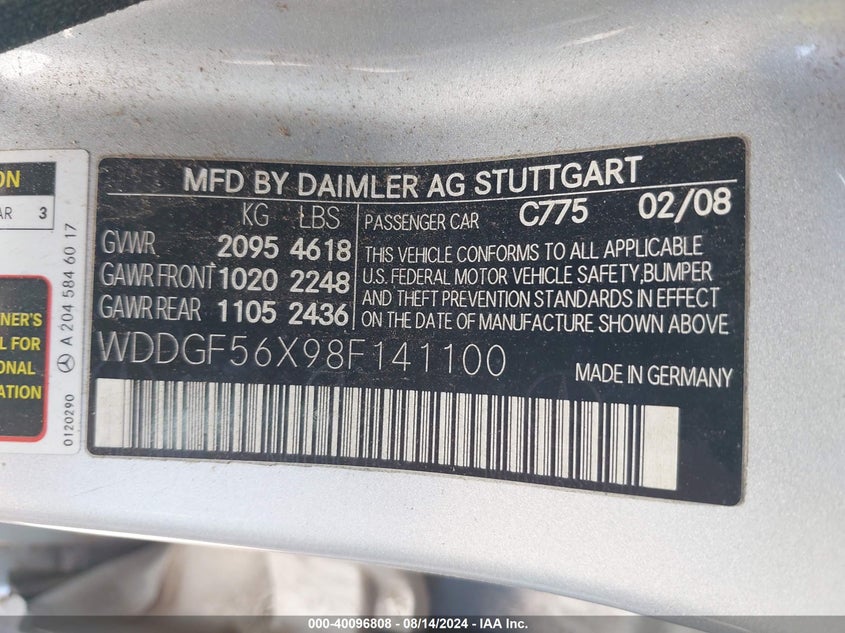 2008 Mercedes-Benz C 350 Sport VIN: WDDGF56X98F141100 Lot: 40096808