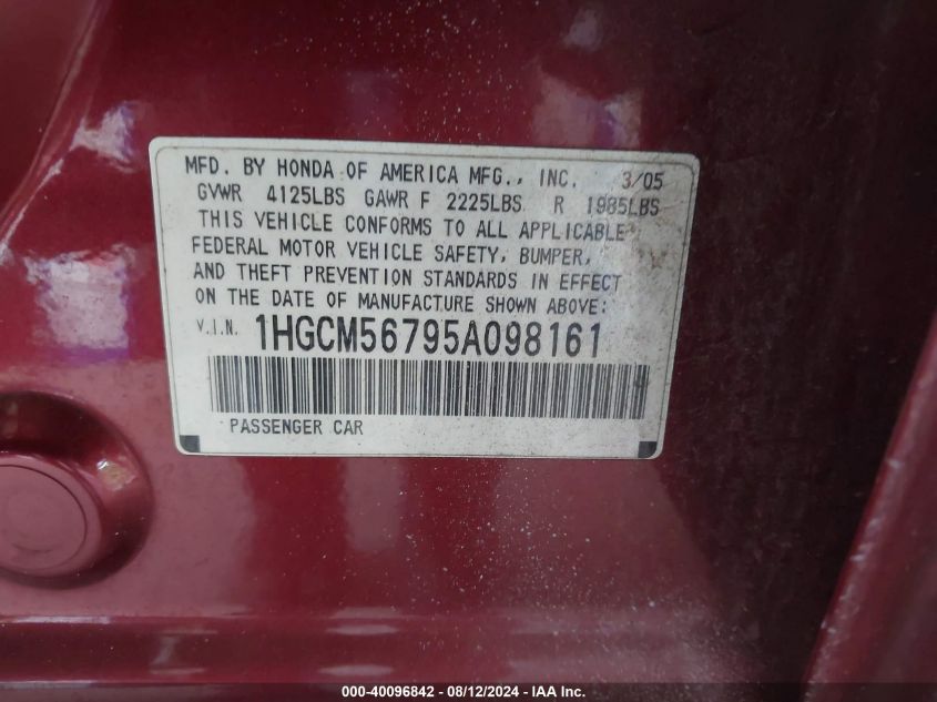 2005 Honda Accord 2.4 Ex VIN: 1HGCM56795A098161 Lot: 40096842