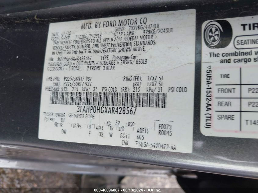 2010 Ford Fusion Se VIN: 3FAHP0HGXAR428567 Lot: 40096887