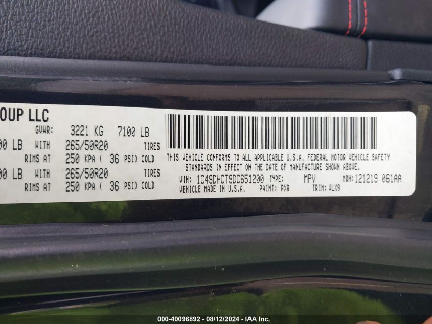 2013 Dodge Durango R/T VIN: 1C4SDHCT9DC651200 Lot: 40096892