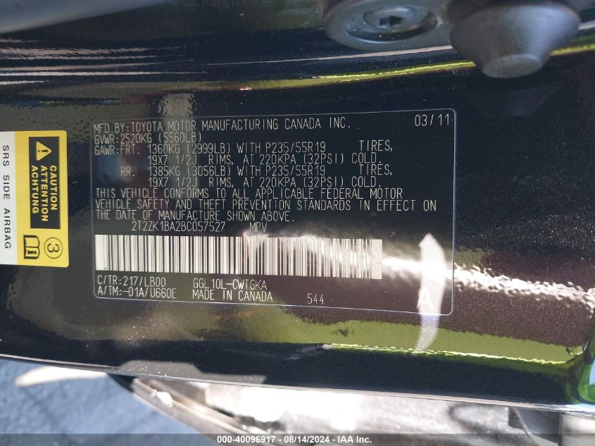 2011 Lexus Rx 350 VIN: 2T2ZK1BA2BC057527 Lot: 40096917