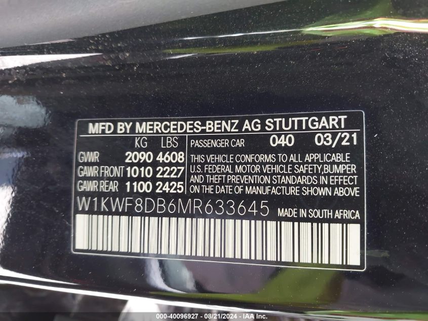 2021 Mercedes-Benz C 300 300 VIN: W1KWF8DB6MR633645 Lot: 40096927