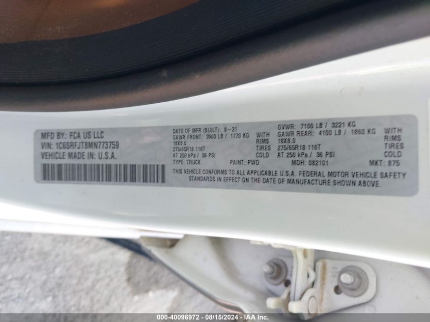 2021 RAM 1500 LARAMIE  4X4 5'7 BOX - 1C6SRFJT8MN773759