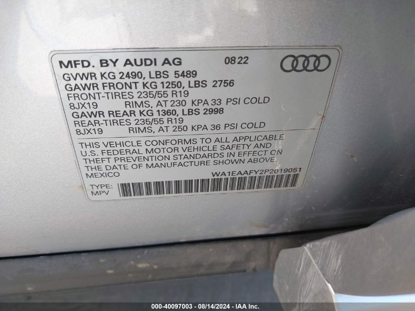 2023 Audi Q5 Premium Plus 45 Tfsi S Line Quattro VIN: WA1EAAFY2P2019051 Lot: 40097003