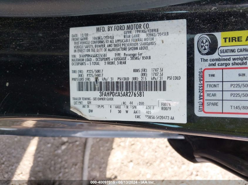 2010 Ford Fusion Se VIN: 3FAHP0HA5AR276581 Lot: 40097015