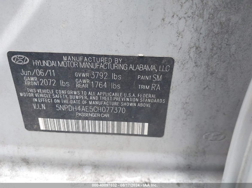 2012 Hyundai Elantra Gls Pzev VIN: 5NPDH4AE5CH077370 Lot: 40097032