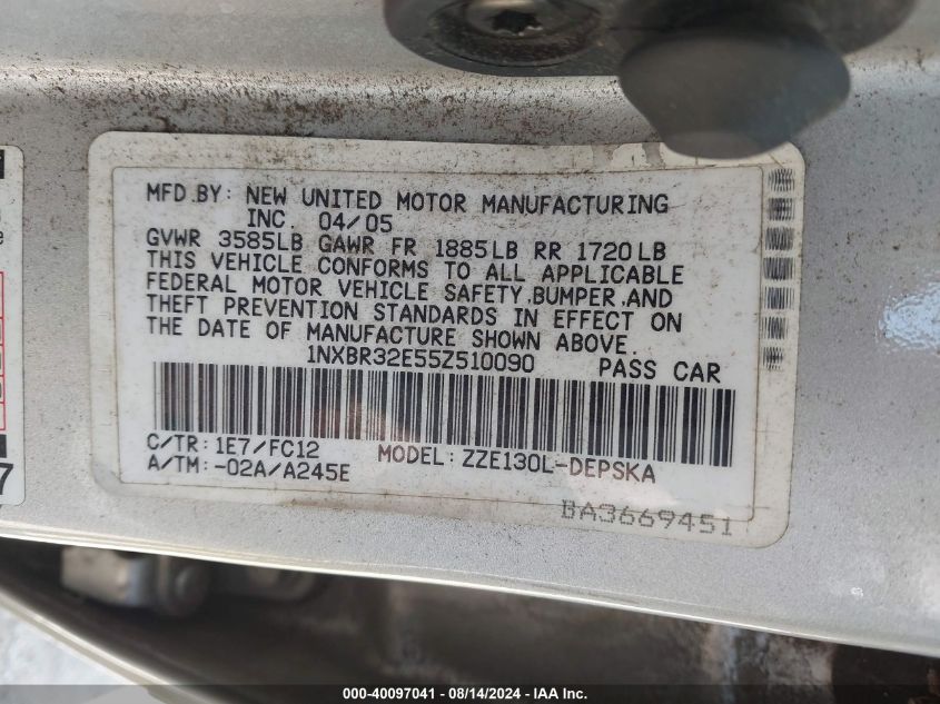 2005 Toyota Corolla S VIN: 1NXBR32E55Z510090 Lot: 40097041