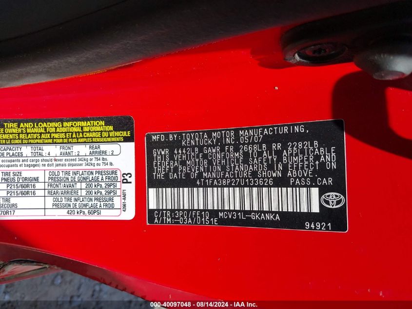 4T1FA38P27U133626 2007 Toyota Camry Solara Se