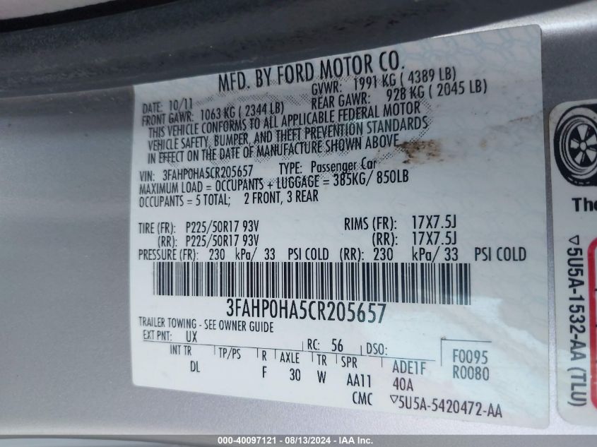 2012 Ford Fusion Se VIN: 3FAHP0HA5CR205657 Lot: 40097121