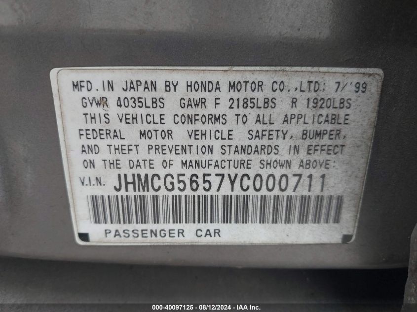 2000 Honda Accord 2.3 Ex VIN: JHMCG5657YC000711 Lot: 40097125